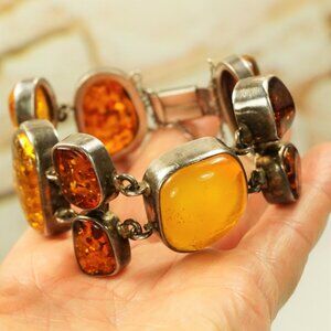 82g Rare Multi Amber and 925 Silver Heavy Link BRACELET - OOAK Gift For Her